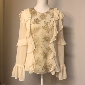 BCBGMAXAZRIA Blush Blouse With Gold Lace Small